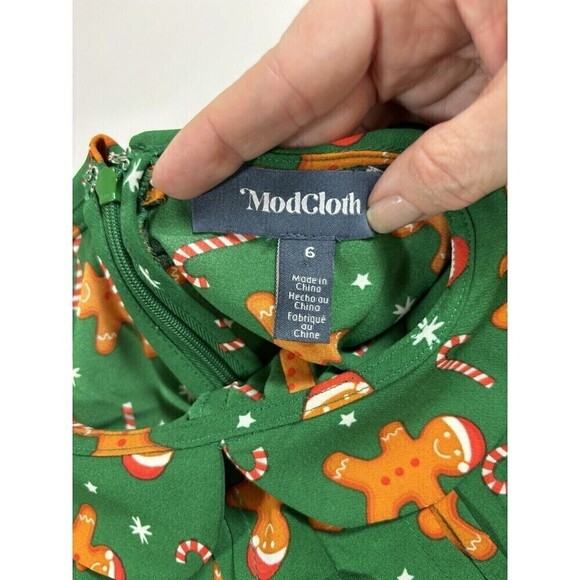 ModCloth Dress Green Brown Gingerbread Print 6 Peter Pan Collar Tags Still On - Picture 7 of 16